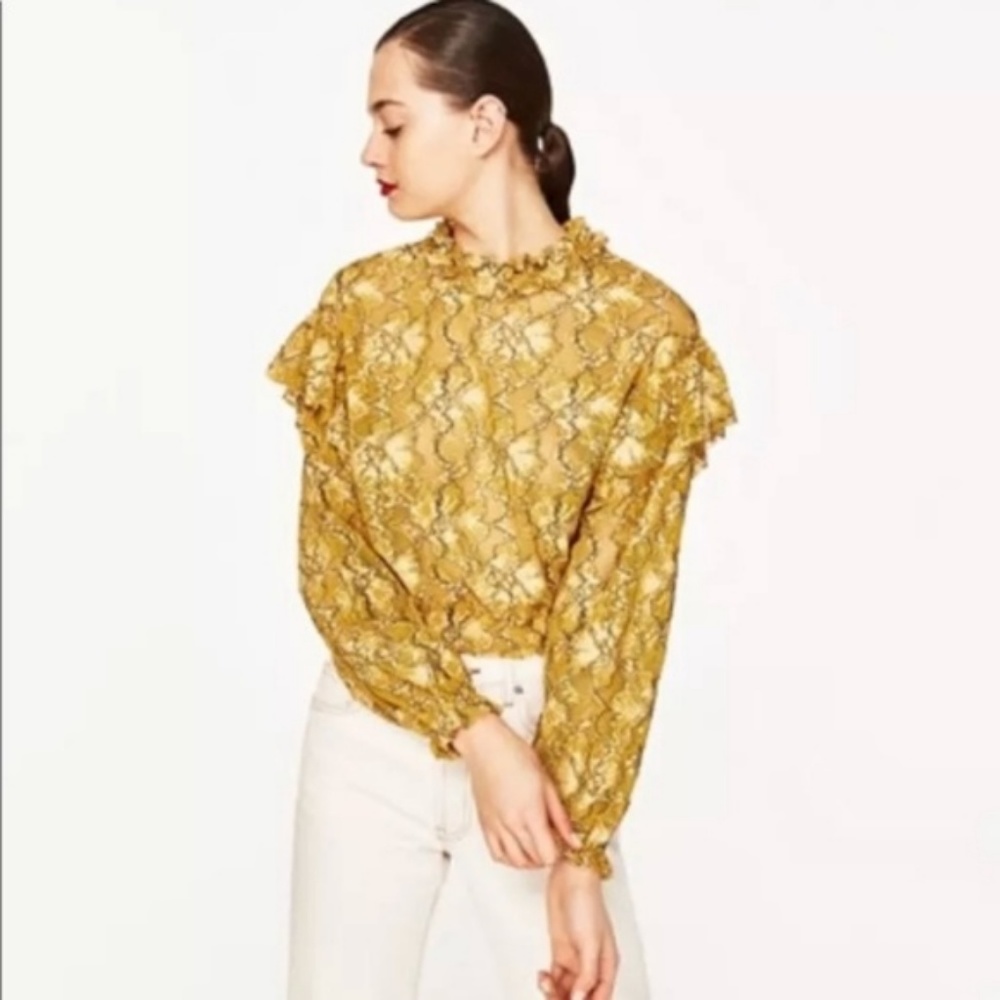 Zara Yellow Snake-Print Lace Crop Top